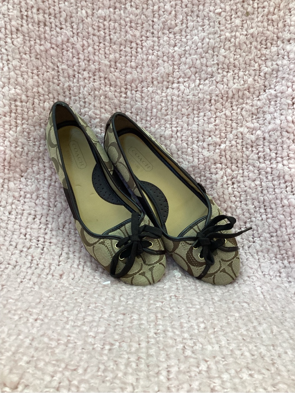 Coach Tan Signature Canvas Ballet Flats with Black Trim - Picture 11 of 11